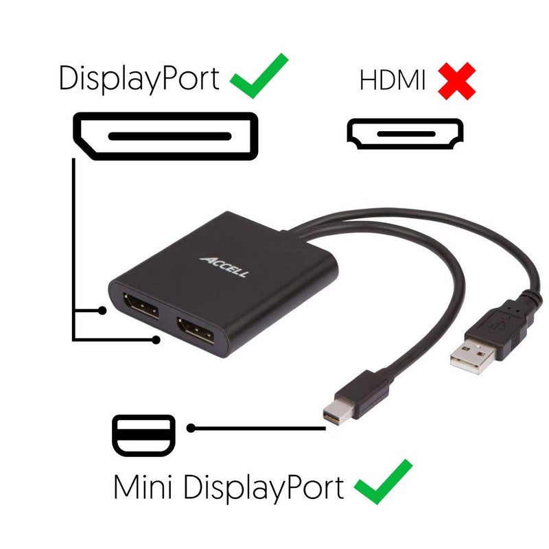 Accell mDP-2DP Multi Monitor Splitter - Mini DisplayPort 1.2 Multi-Stream Transport (MST) Hub - 1x Mini DisplayPort connector, 2x DisplayPort outputs,Black - Image 3